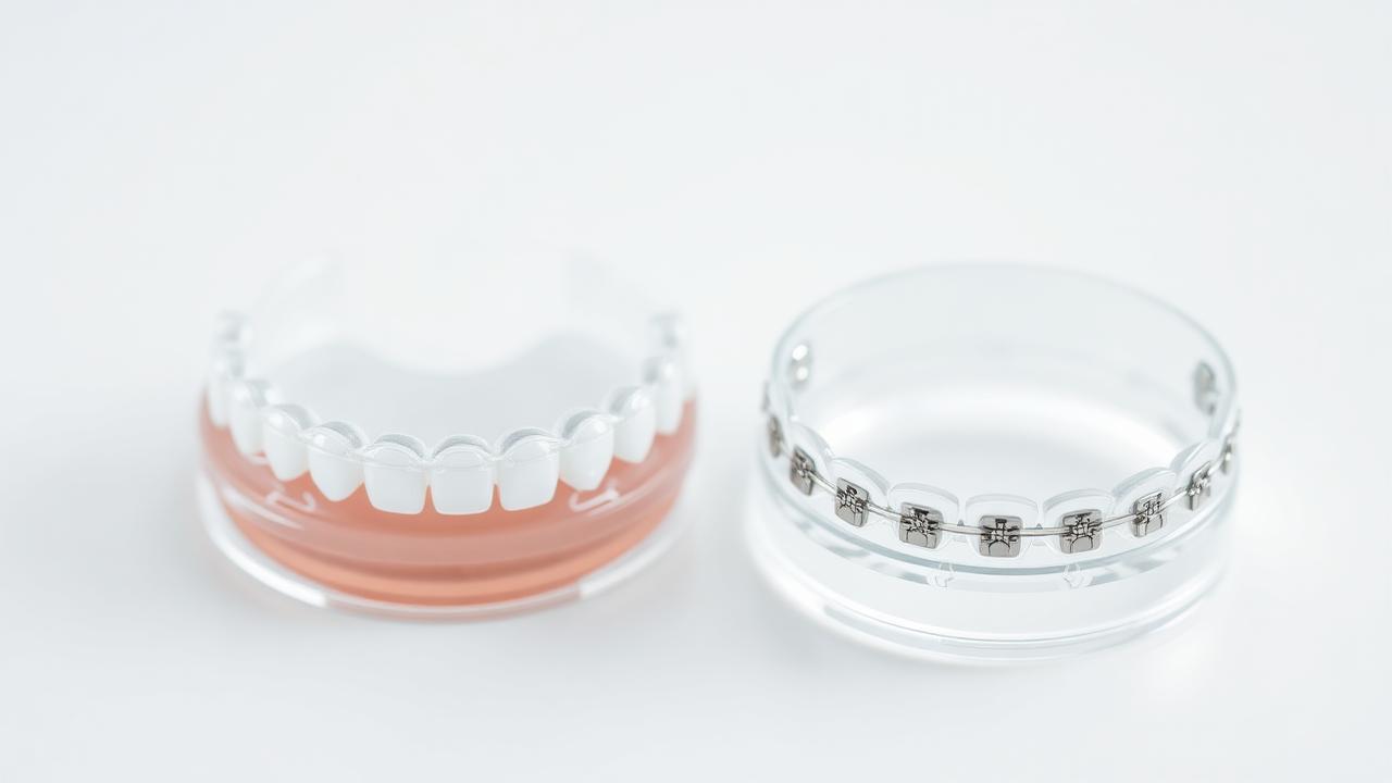 Clear aligners next to traditional braces on a white surface