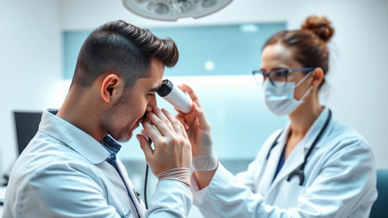 Trichologist examining a patient's scalp with a dermatoscope