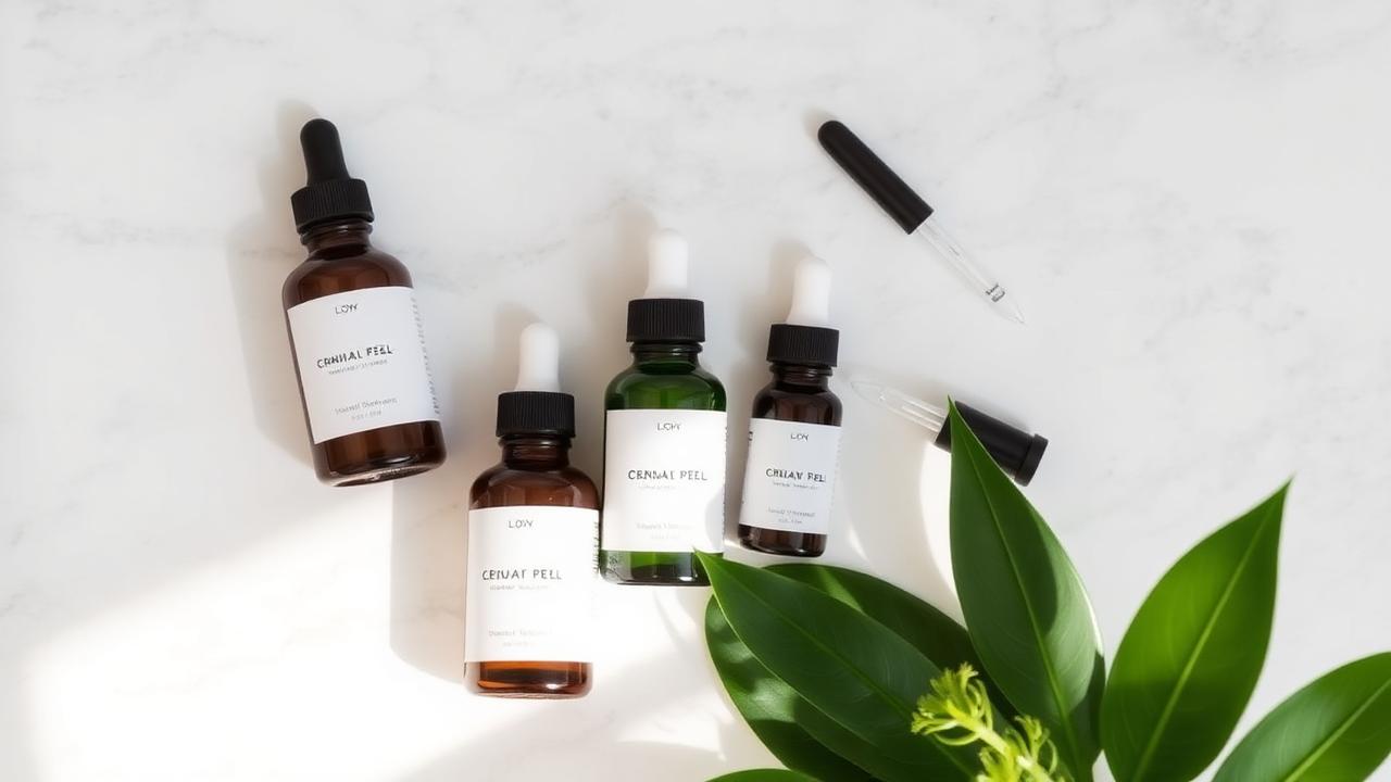 Dermatology serums and chemical peel bottles on a marble surface